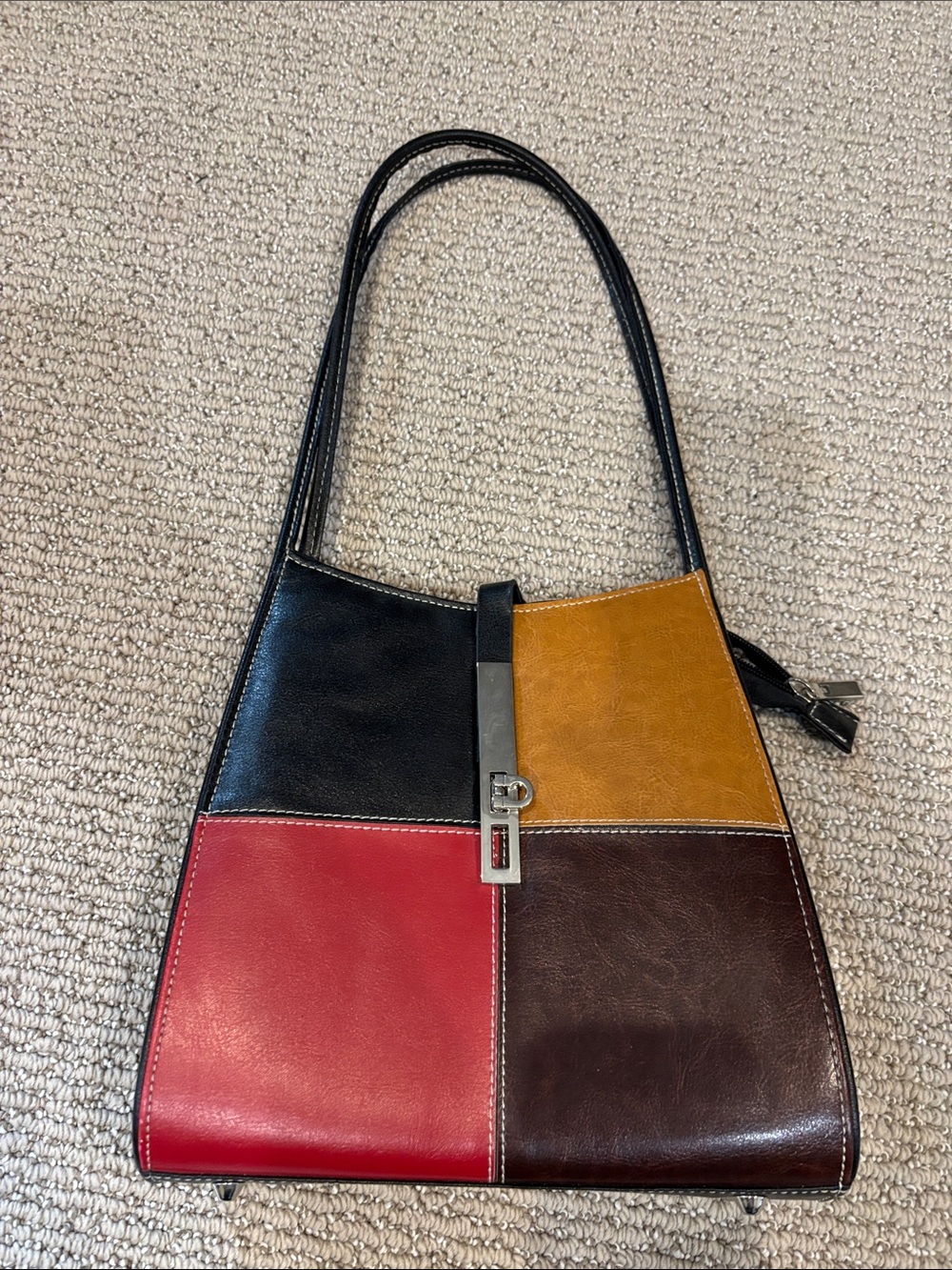 Colorblock Leather Shoulder Bag in Black, Red, Brown & Mustard